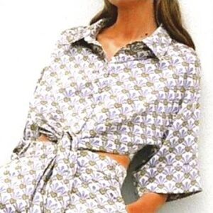 Zara Pineapple Print Crop Button Lounge Tie Front Top Shirt Size S